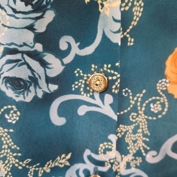 Vintage BonWorth Floral Button Down Teal Gold Blouse‎ Size 2X Women's Plus G81 - Picture 7 of 8
